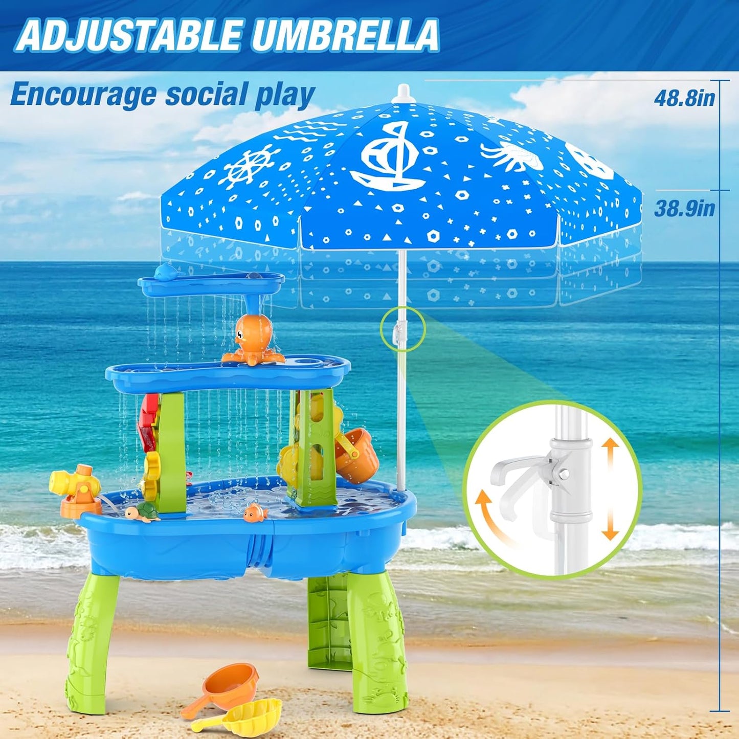 Water Table for Toddlers 3-5, 3-Tier Kids Splash Sand Table Water Toys with Umbrella, Rain Showers Splash Pond for Outdoor Beach Backyard Summer, Activity Sensory Playset for Boys Girls, Blue